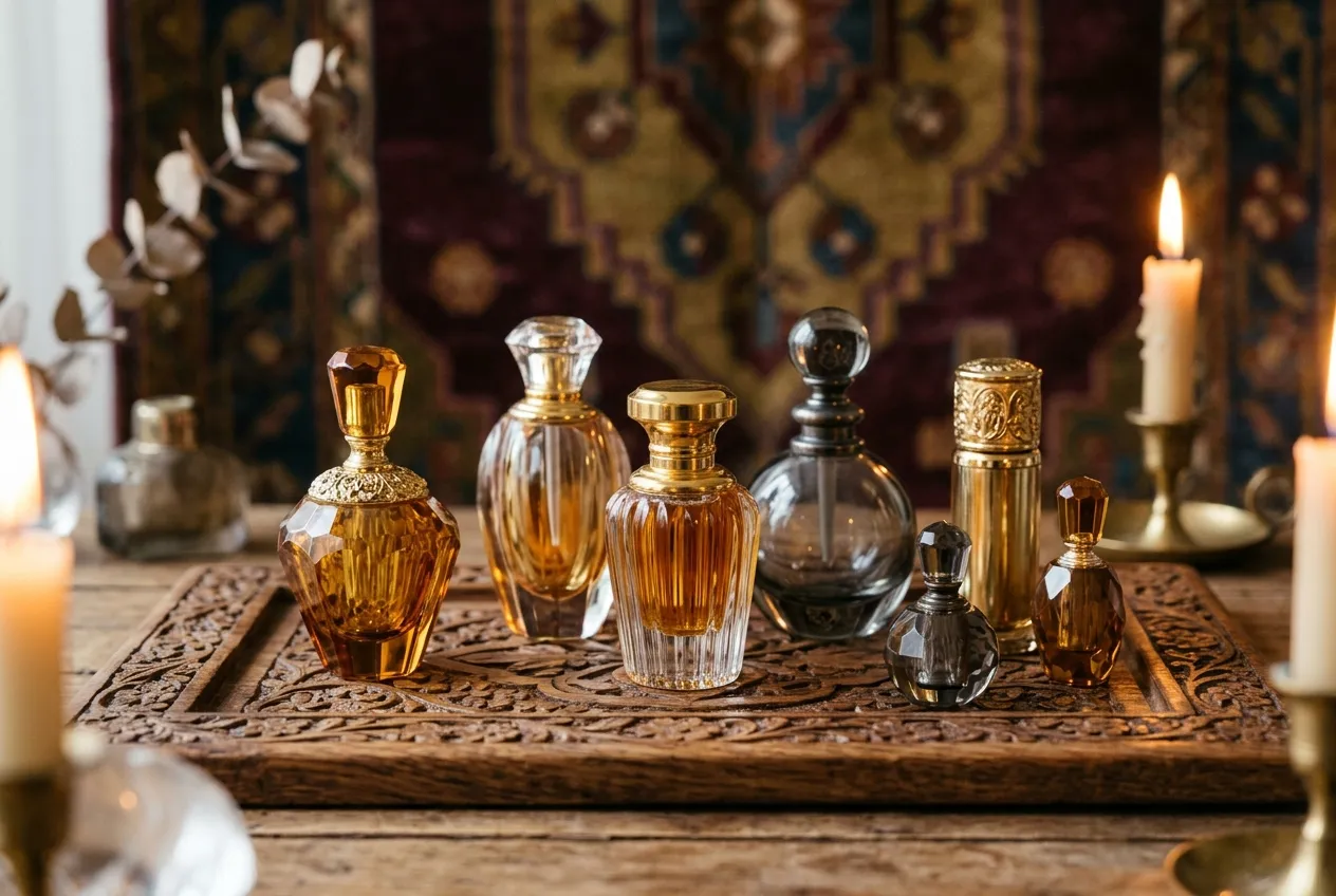 Pequeños frascos de cristal con perfumes de tonos ámbar y dorados sobre una bandeja de madera tallada.