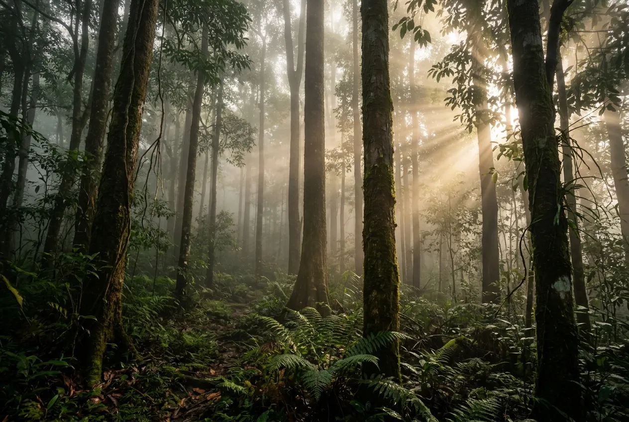Bosque tropical con árboles altos al amanecer, entre la niebla.