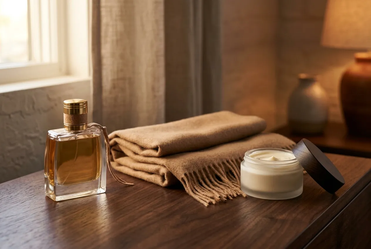 Frasco de perfume junto a un pañuelo de cachemir y un tarro de crema corporal sobre una cómoda de madera.