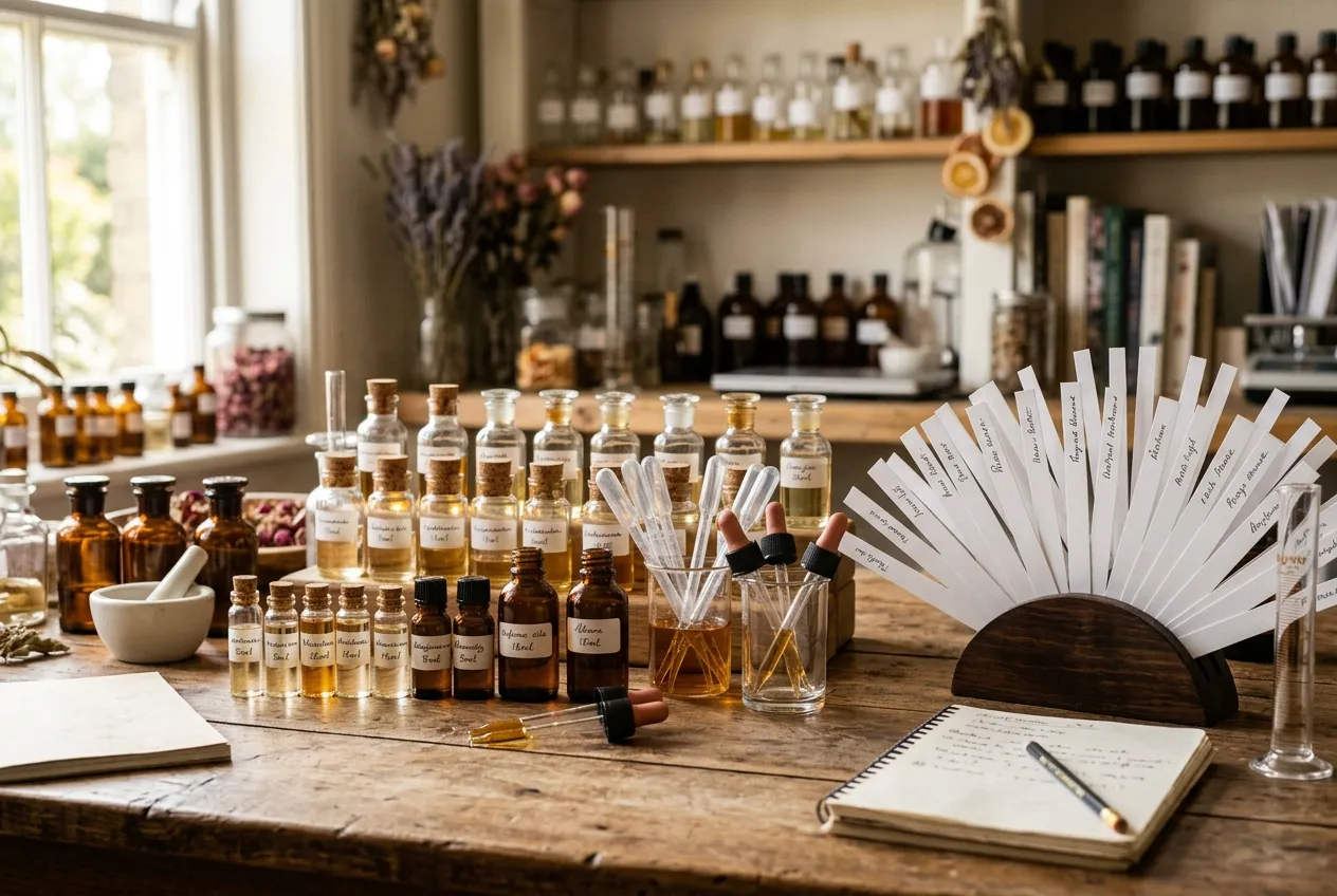 Banco de trabajo de perfumista con cuentagotas, pequeños viales de aceites y tiras de papel secante.