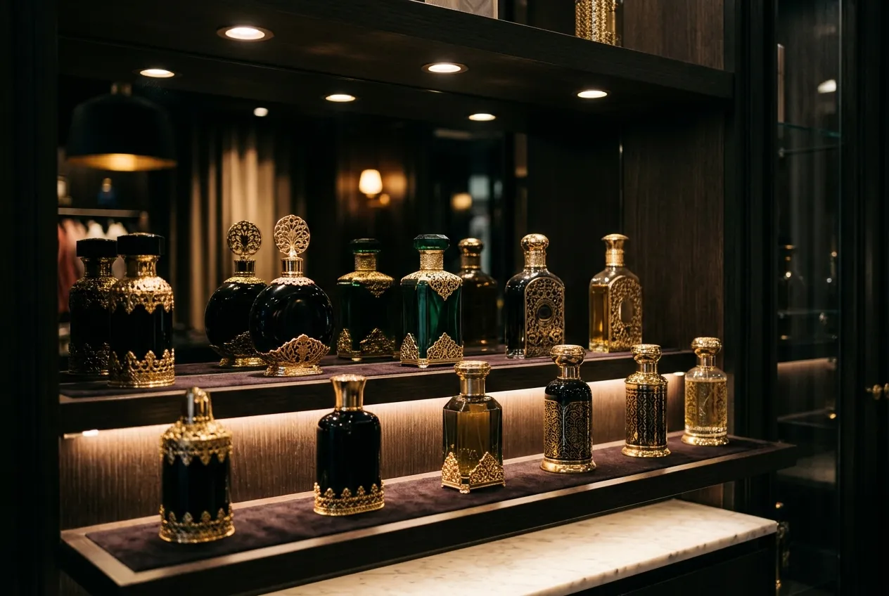 Frascos dorados y negros expuestos en los estantes iluminados de una perfumería.