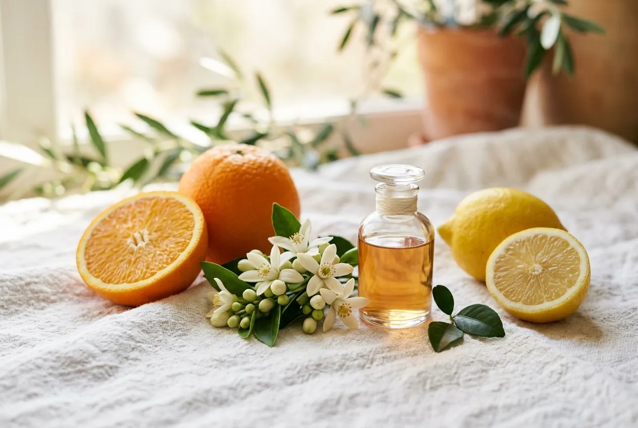 Naranjas, limones, flores de azahar y un pequeño frasco de perfume sobre lino blanco con luz de mañana.