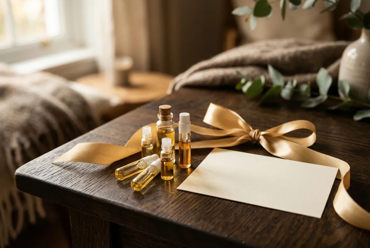 Muestras de perfume, una tarjeta en blanco y una cinta dorada sobre una mesa de madera oscura.